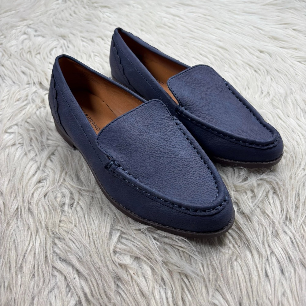 NWOB Lucky Brand Women's 7 Blue Faux Leather Edrica Loafer Scallop Preppy Twee
